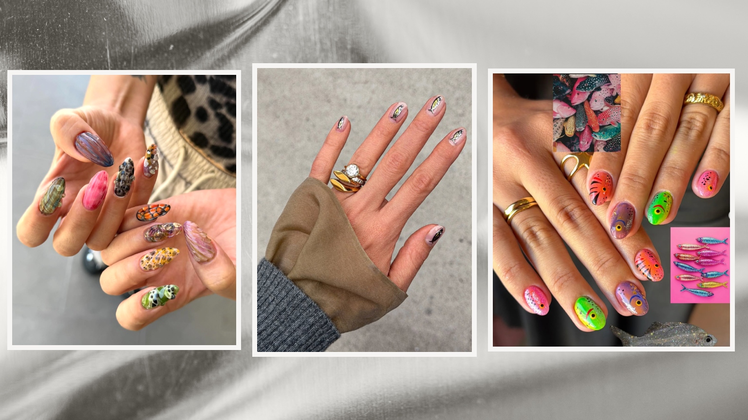 three white women's hands close up with colorful fish manicures