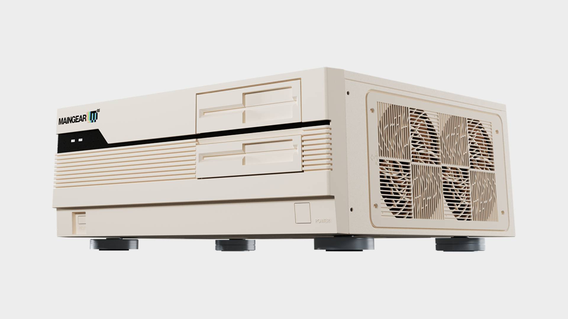 Angled view of Maingear Retro95 PC with grey backdrop.
