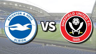 The Brighton & Hove Albion and Sheffield United club badges on top of a photo of The Amex Stadium in Brighton, England