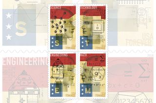 The U.S. Postal Service's STEM Education stamps feature collages composed by illustrator and graphic artist David Plunkert.
