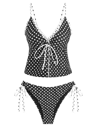 Zaful Tankini Swimsuits for Women V Neck Textured Knot Tie Ruffle Trim Bikini Swimsuit Tie Side 2 Pieces Bathing Suit (2-Black Dots, S)