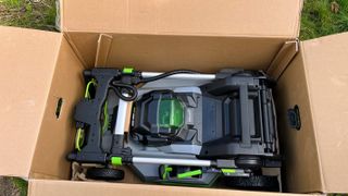 EGO POWER+ LM2135SP 21-in Cordless Lawn Mower being tested in writer's yard