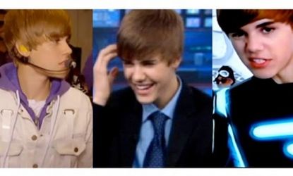 Justin Bieber is infiltrating your movie screens ("Never Say Never," left), late-night television programming ("The Daily Show," center) and Super Bowl broadcast (Best Buy commercial, right).