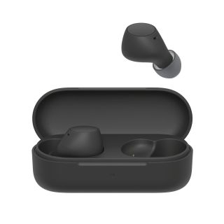 A black pair of Sony WF-C510 earbuds on a white background. One of the earbuds is in the charging case and the lid is open. The other is floating above it. 