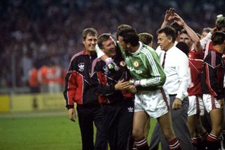 Sir Alex Ferguson celebrates with Les Sealey after winning the FA Cup in 1990