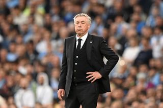 Carlo Ancelotti, Head Coach of Real Madrid, looks on during the UEFA Champions League semi-final second leg match between Manchester City FC and Real Madrid at Etihad Stadium on May 17, 2023 in Manchester, England. (Photo by Michael Regan/Getty Images)