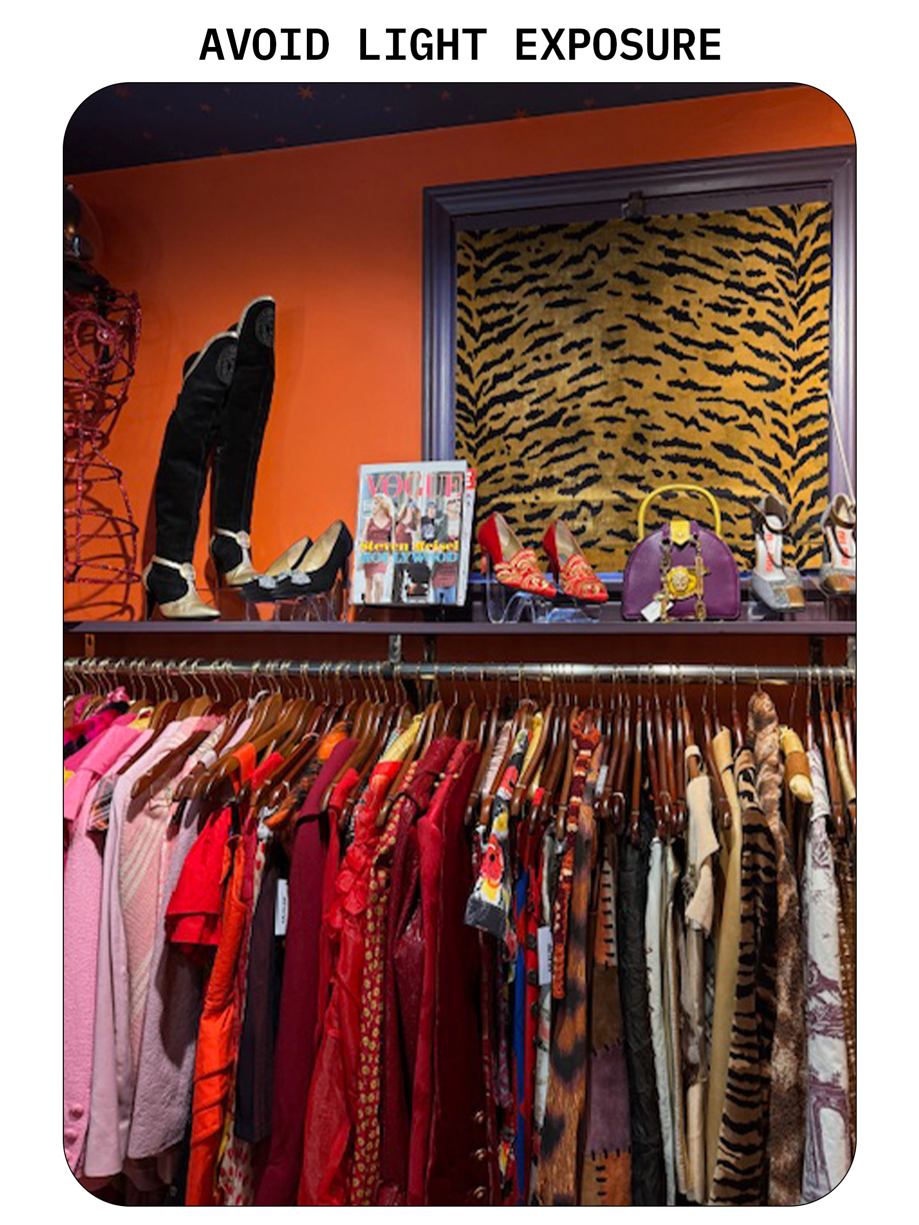 Vintage store with leopard print blinds.