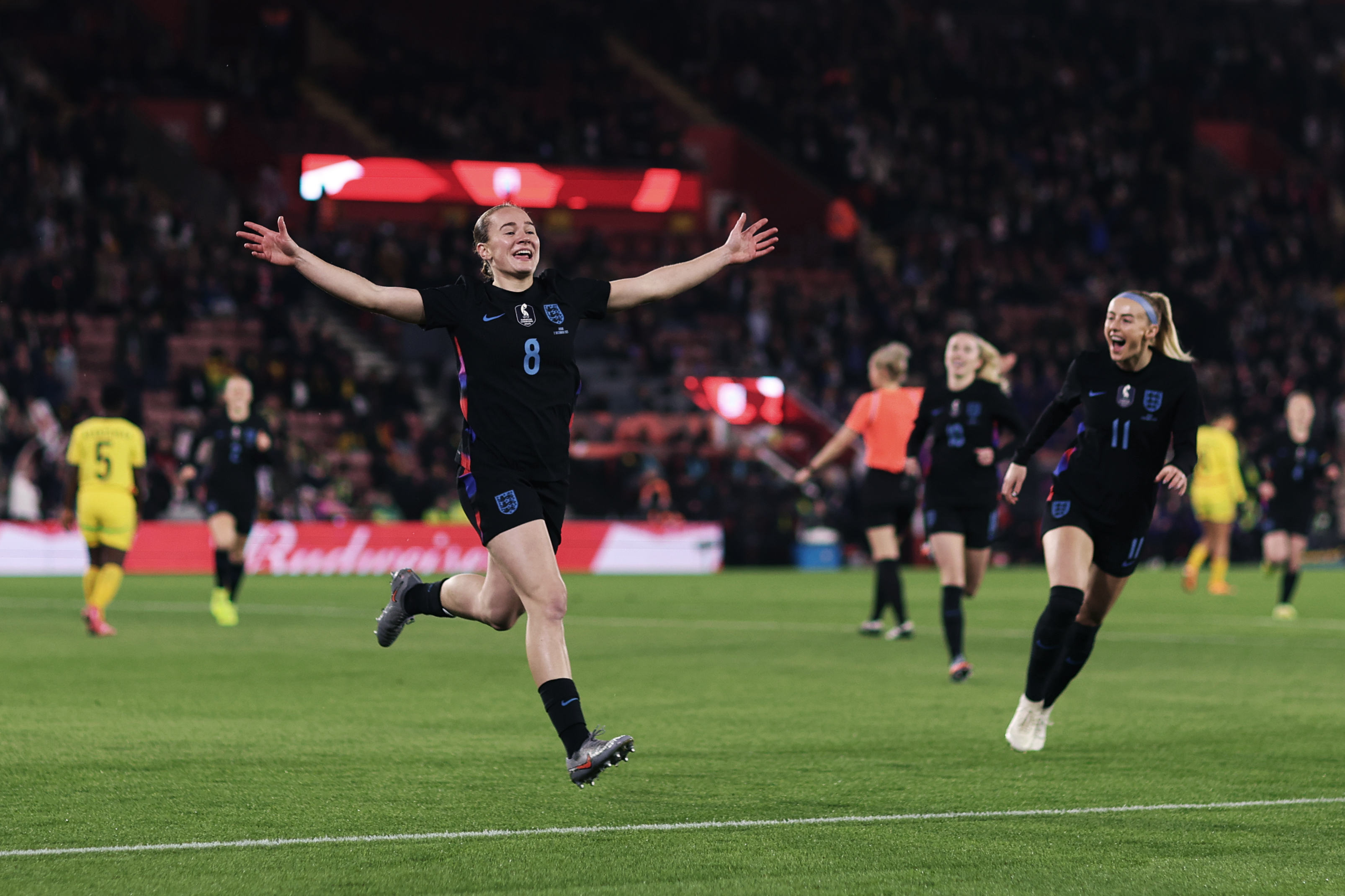 SOUTHAMPTON, ENGLAND - DECEMBER 02: Lucia Kendall of England celebrates scoring her team&#039;s first goal during the Women&#039;s international friendly between England and Ghana at St Mary&#039;s Stadium on December 02, 2025 in Southampton, England.