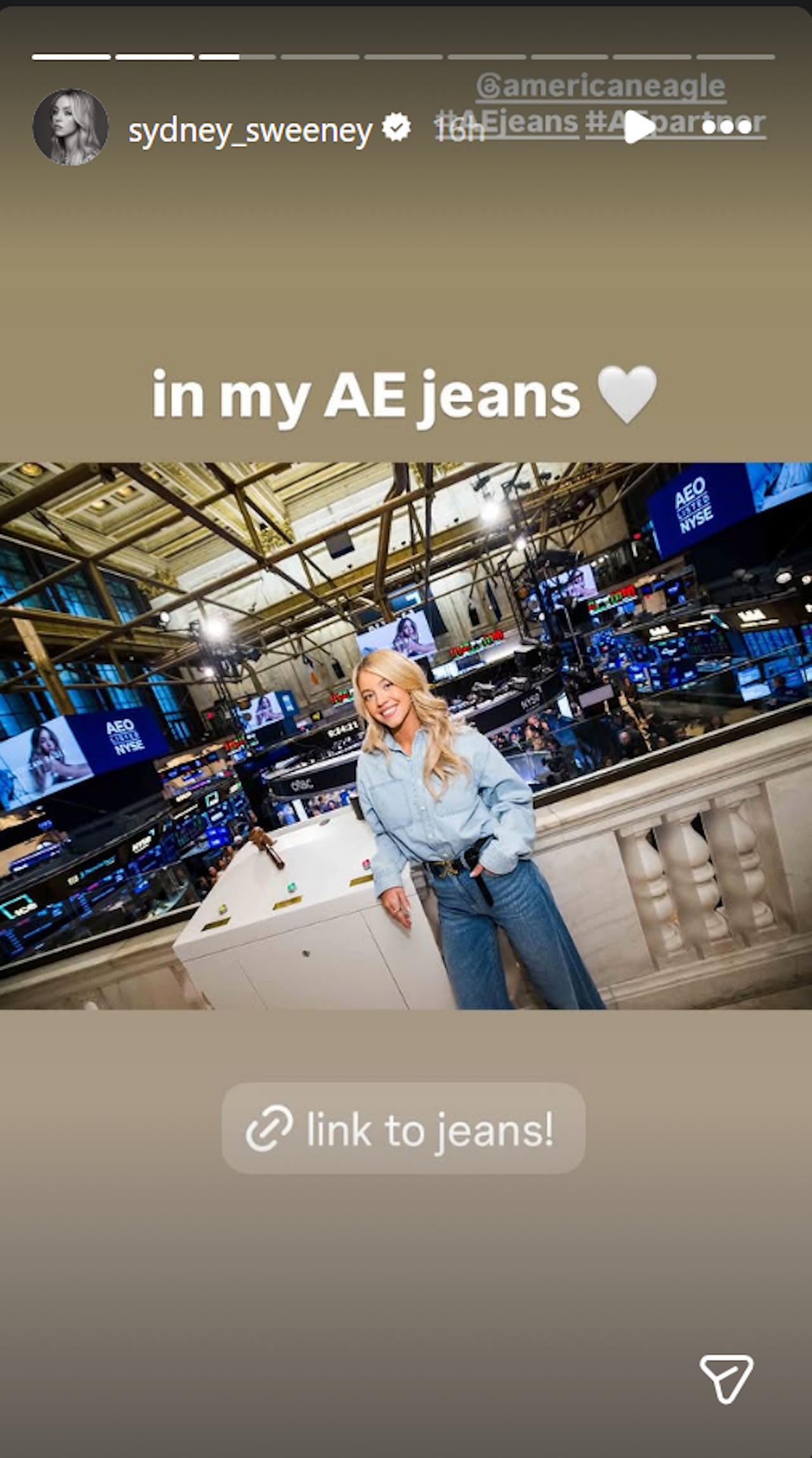 Sydney Sweeney shows off her American Eagle jeans as she rings the opening bell at the New York Stock Exchange on Monday, February 9, 2026.