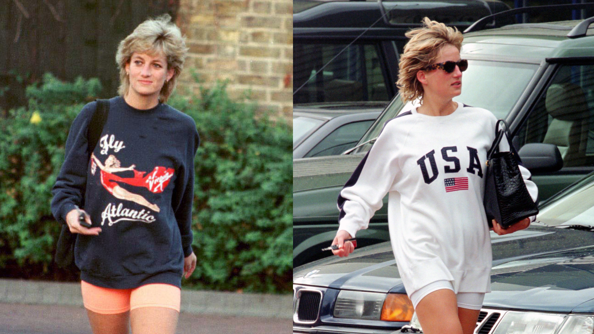 A split photo of Princess Diana in two different sweatshirts and shorts leaving the gym