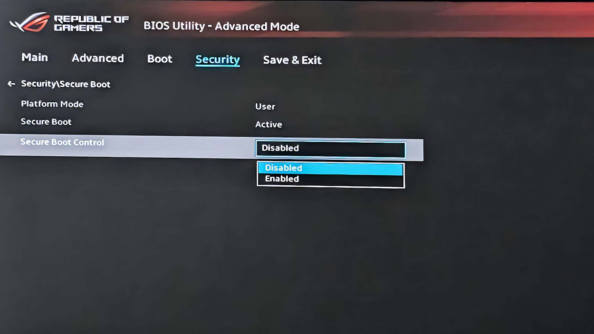 BIOS menu showing Secure Boot disabled on ROG Ally.