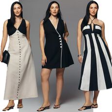 One model wears three different black and white dresses while posing. 