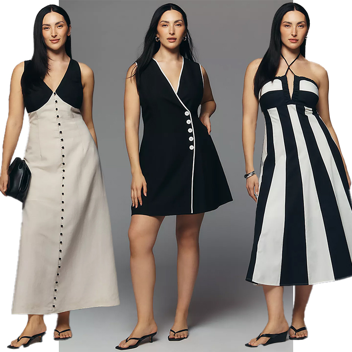 One model wears three different black and white dresses while posing. 
