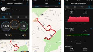 The Garmin app collects the running data and presents your route over a map.