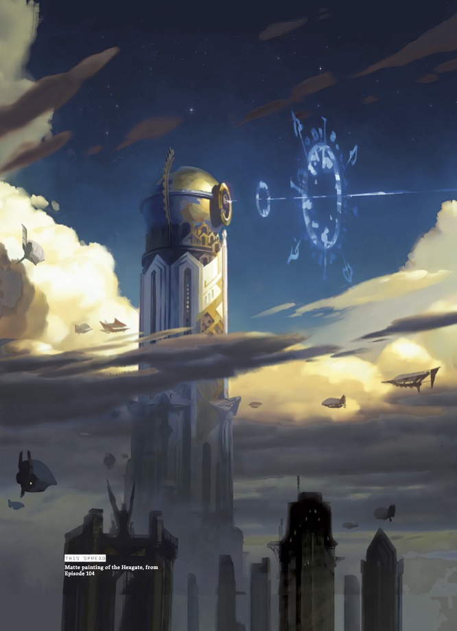 Interior artwork and text from The Art and Making of Arcane, showing a tower and glowing blue sigil