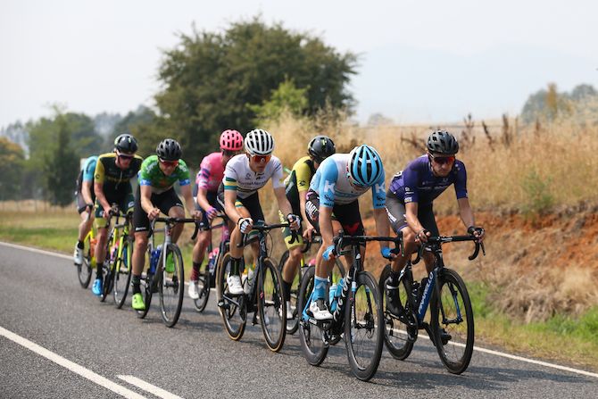 The day&rsquo;s main eight-man breakaway pushes the pace on stage 3 of the 2020 Herald Sun Tour