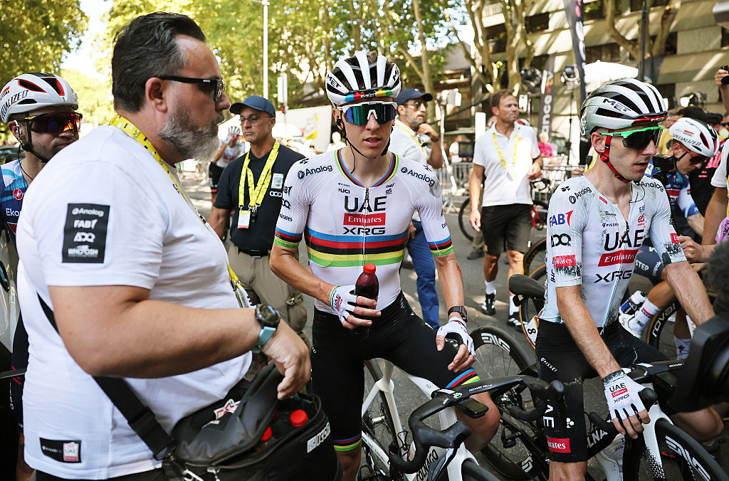 TOULOUSE, FRANCE - JULY 16: Tadej Pogacar of Slovenia and UAE Team Emirates - XRG after being involved in a crash (C) reacts after the 112th Tour de France 2025, Stage 11 a 156.8km stage from Toulouse to Toulouse / #UCIWT / on July 16, 2025 in Toulouse, France. (Photo by Christophe Petit Tesson - Pool/Getty Images)