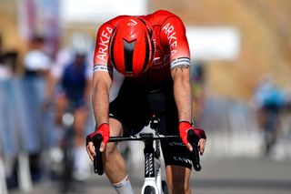 QURAYYAT OMAN FEBRUARY 12 Elie Gesbert of France and Team Arka Samsic reacts after cross the finishing line in third place during the 11th Tour Of Oman 2022 Stage 3 a 180km stage from Sultan Qaboos University to Qurayyat 240m TourofOman on February 12 2022 in Qurayyat Oman Photo by Dario BelingheriGetty Images