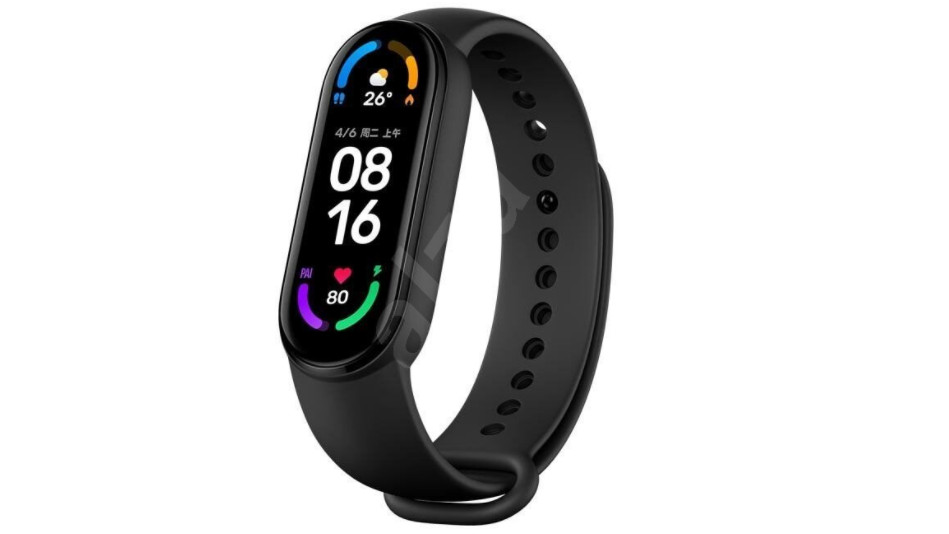 Xiaomi Mi Smart Band 6 tændt skærm og sort urrem på hvid baggrund
