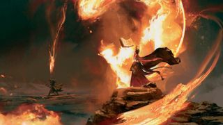 A fiery battle of DnD Warlocks, with one summoning eldritch flames against the other