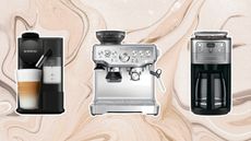 A trio of the best coffee makers in our guide from Nespresso, Breville and Cuisinart on brown marbled background