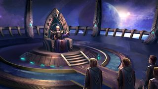 A science fictional emperor sitting on a throne from Alliance of the Sacred Suns.