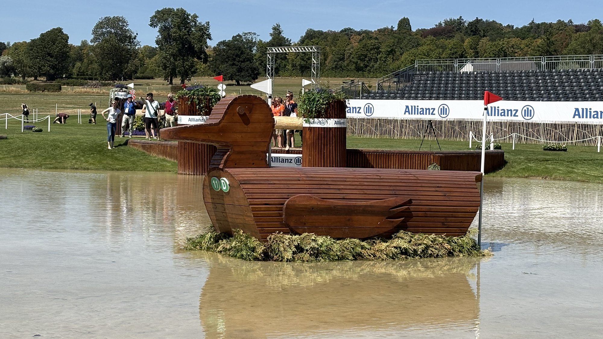 A wooden duck fence in the water on the eventing World Championships cross-country course