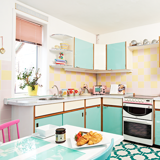 kitchen with turquoise cupboards and counter