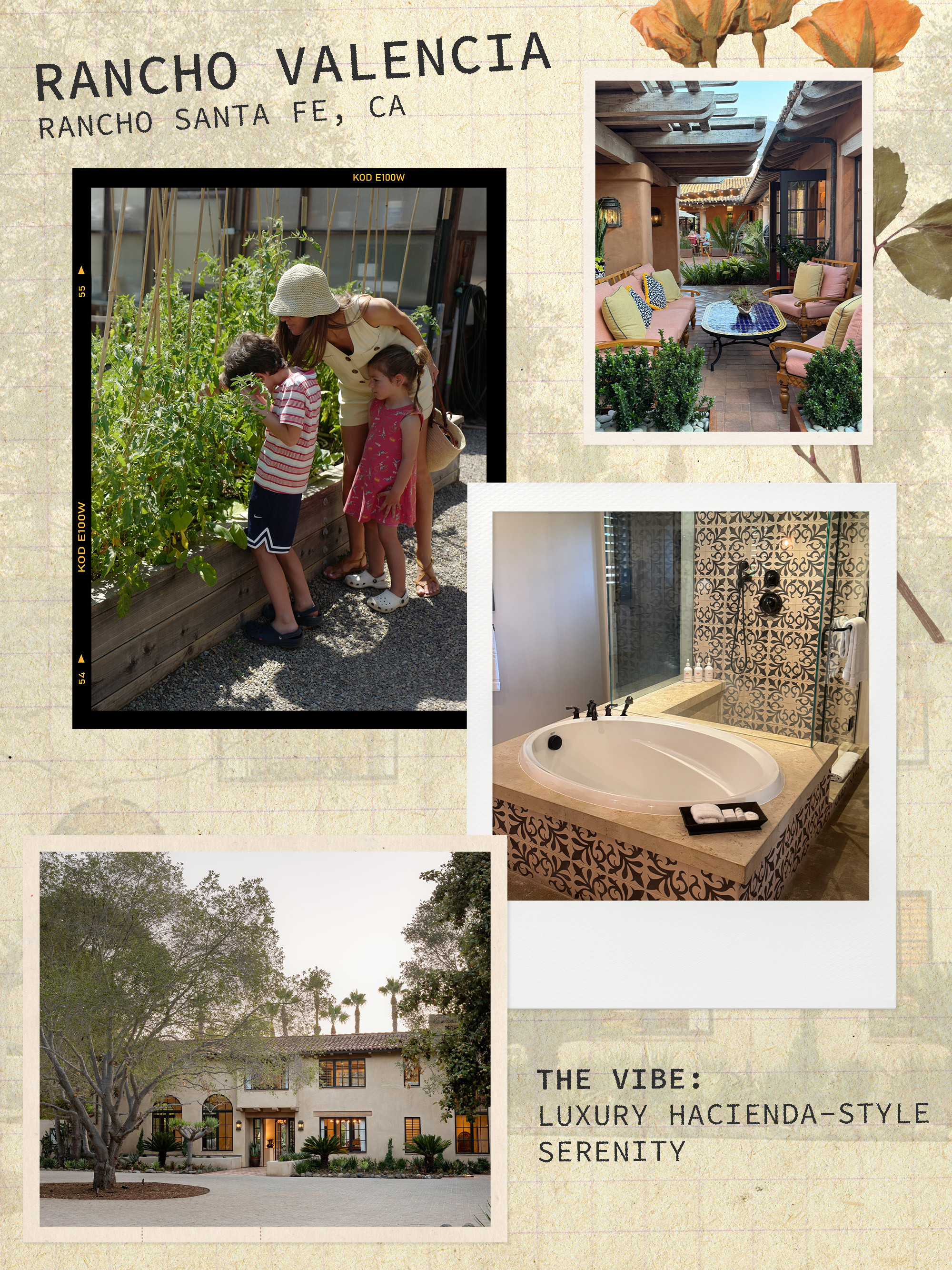 Collage of WWW editor Judith Jones and her family at Rancho Valencia in Rancho Santa Fe, CA.