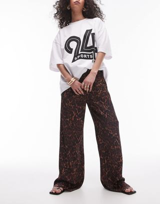 Topshop Satin Straight Leg Tie Waist Pants in Dark Leopard