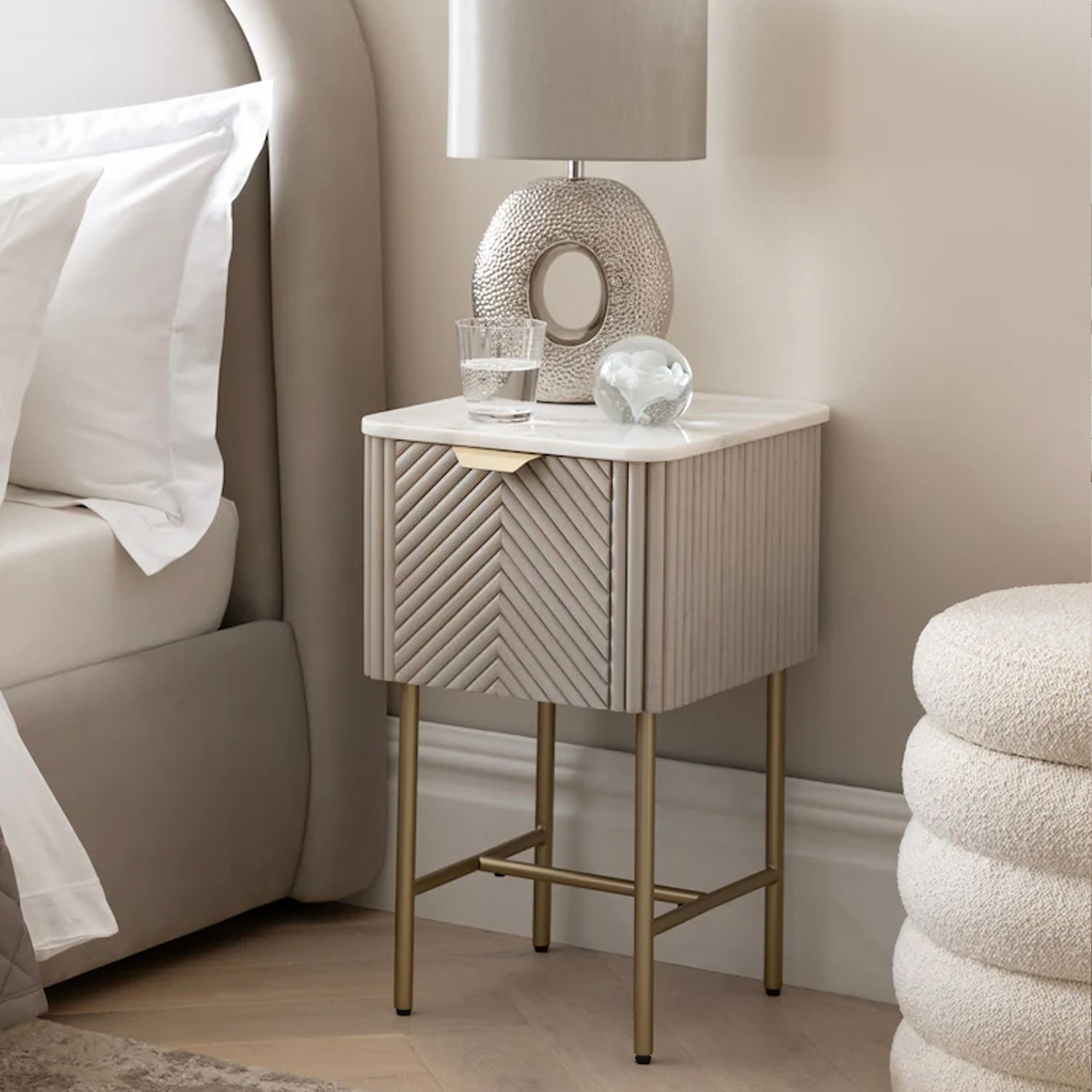 Next, Valencia Marble and Mango Wood 1 Drawer Slim Bedside Table