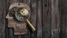 Wooden head silhouette mounted on planks with cogs inside it. A magnifying glass shows details of the cogs.