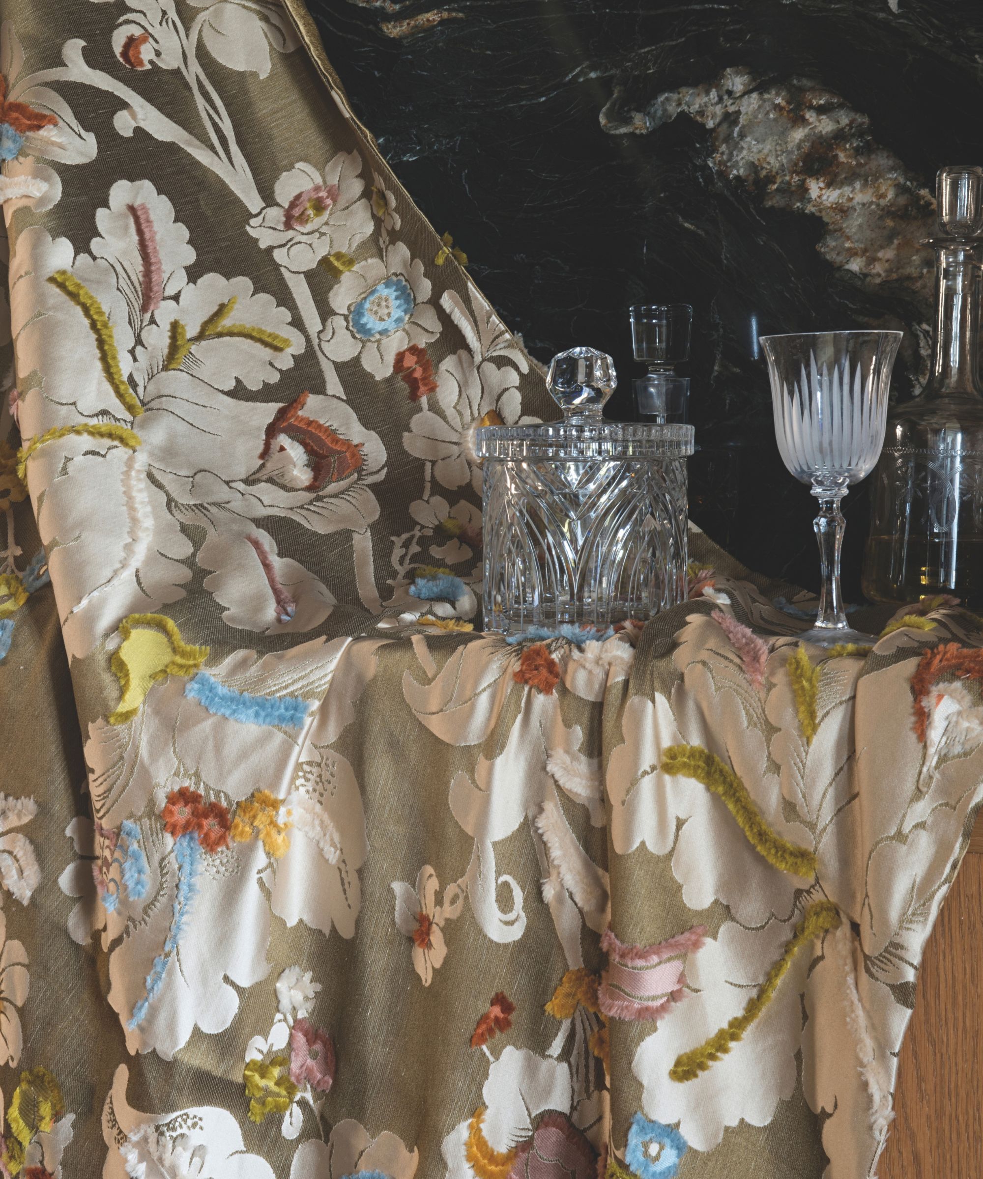 Zimmer + Rohde floral fabric in a soft gold with crystal glasses