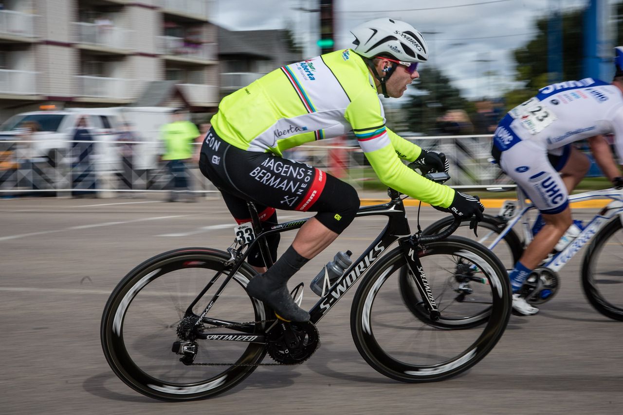 Colin Joyce (Axeon) heads into the finishing laps during stage 3 in Alberta