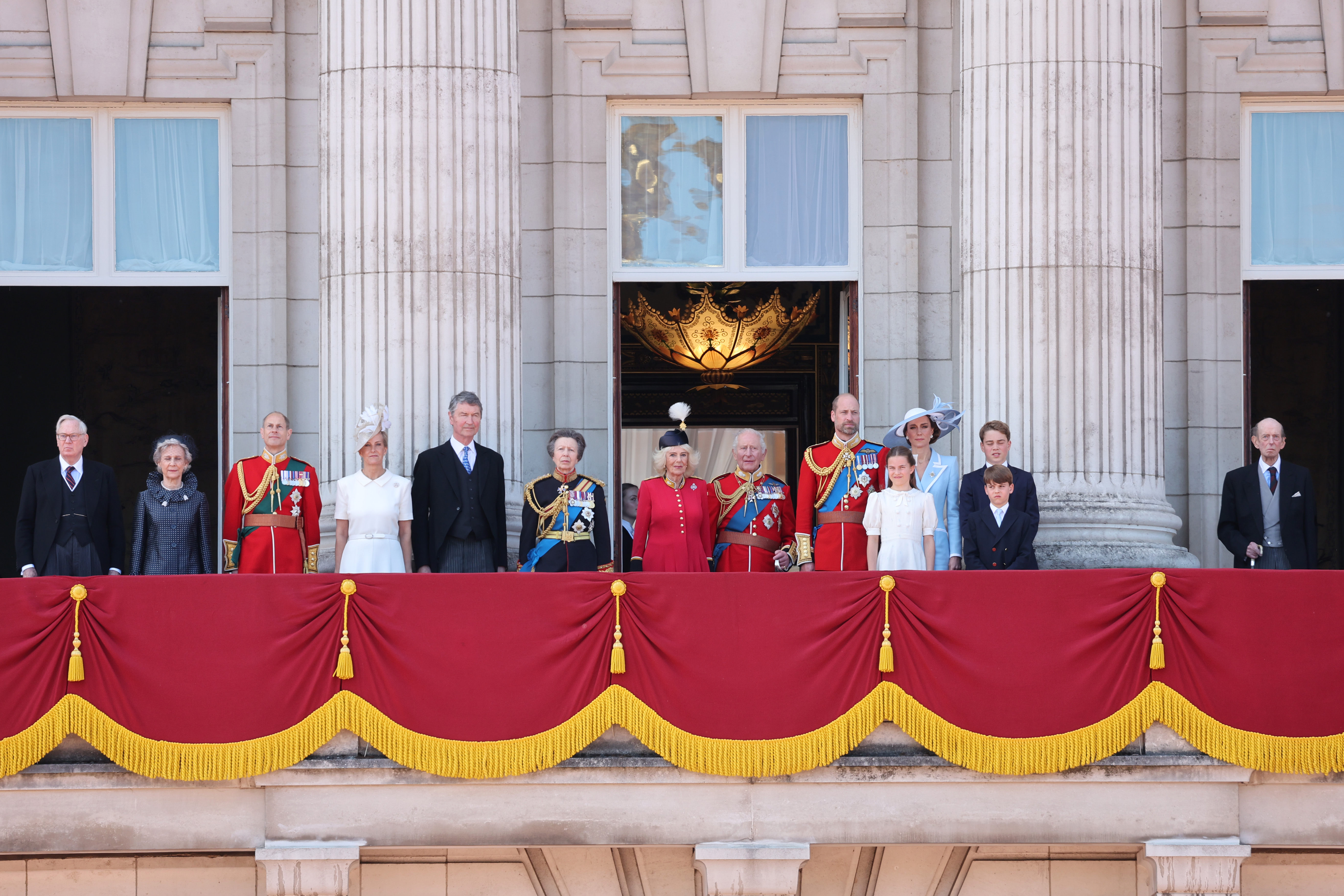 LONDON, ENGLAND - JUNE 13: (L-R) Prince Richard, Duke of Gloucester, Birgitte, Duchess of Gloucester, Prince Edward, Duke of Edinburgh, Sophie, Duchess of Edinburgh, Vice Admiral Sir Timothy Laurence, Princess Anne, Princess Royal, Queen Camilla, King Charles III, Prince William, Prince of Wales, Princess Charlotte of Wales, Catherine, Princess of Wales, Prince George of Wales, Prince Louis of Wales and Prince Edward, Duke of Kent watch an RAF flypast&amp;nbsp;from the balcony of Buckingham Palace during Trooping The Colour on June 13, 2026 in London, England. Trooping The Colour is a ceremonial parade celebrating the official birthday of the British Monarch. The event features over 1400 soldiers of the Household Division and King&amp;amp;apos;s Troop Royal Horse Artillery, including over 400 musicians from the Massed Bands. (Photo by Chris Jackson/Getty Images)