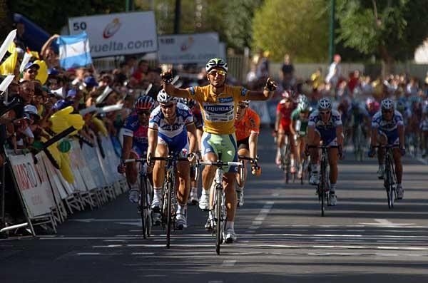 Celebration time: Daniele Bennati (Liquigas) finally gets his fourth Vuelta stage win after missing out on the previous day.