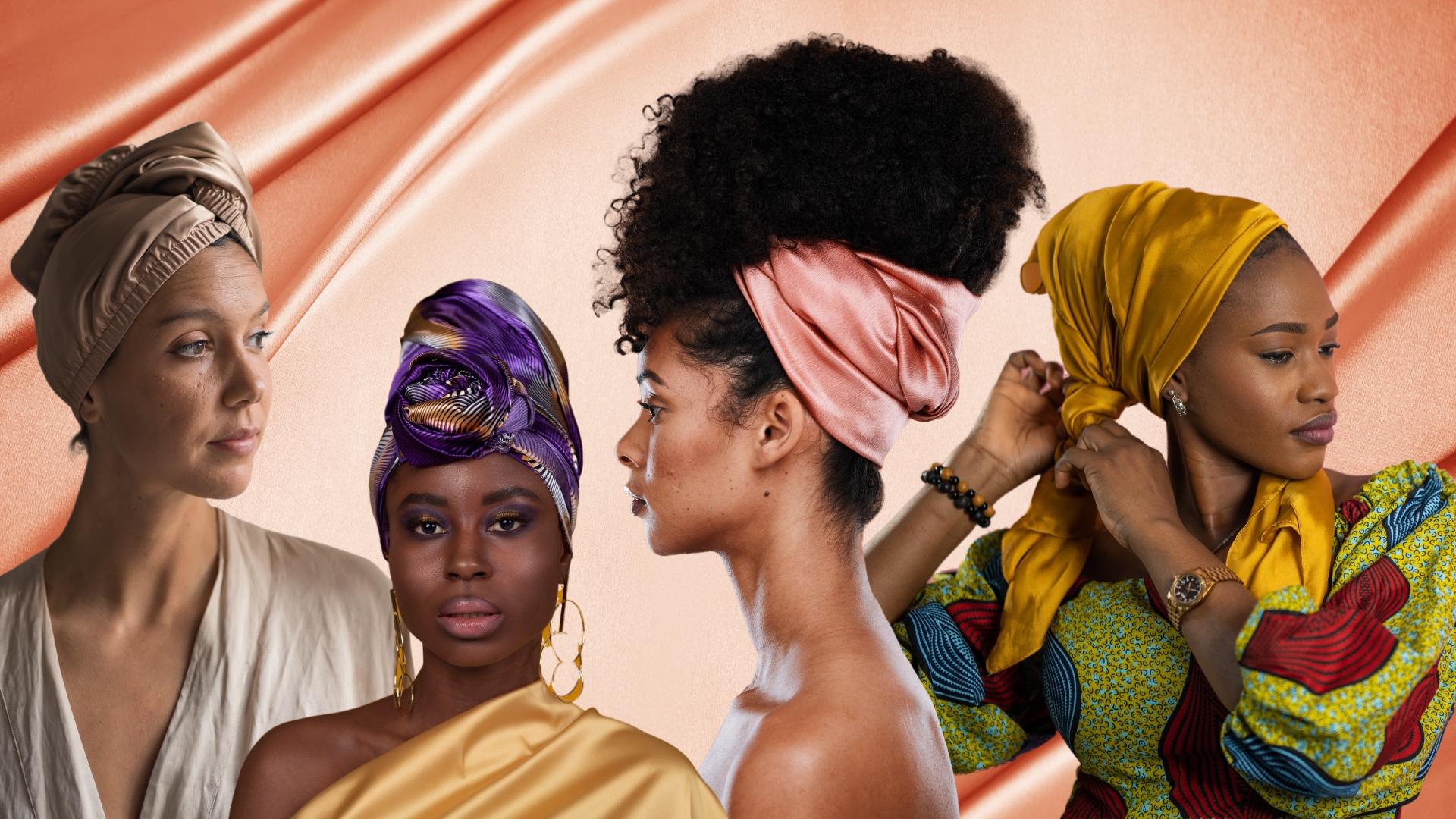 four women wearing silk hair wraps on a pink background
