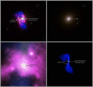 four different images of pink and purple gas in space