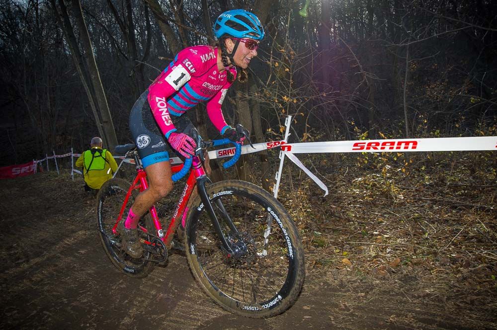 A rider makes her way up the muddy course