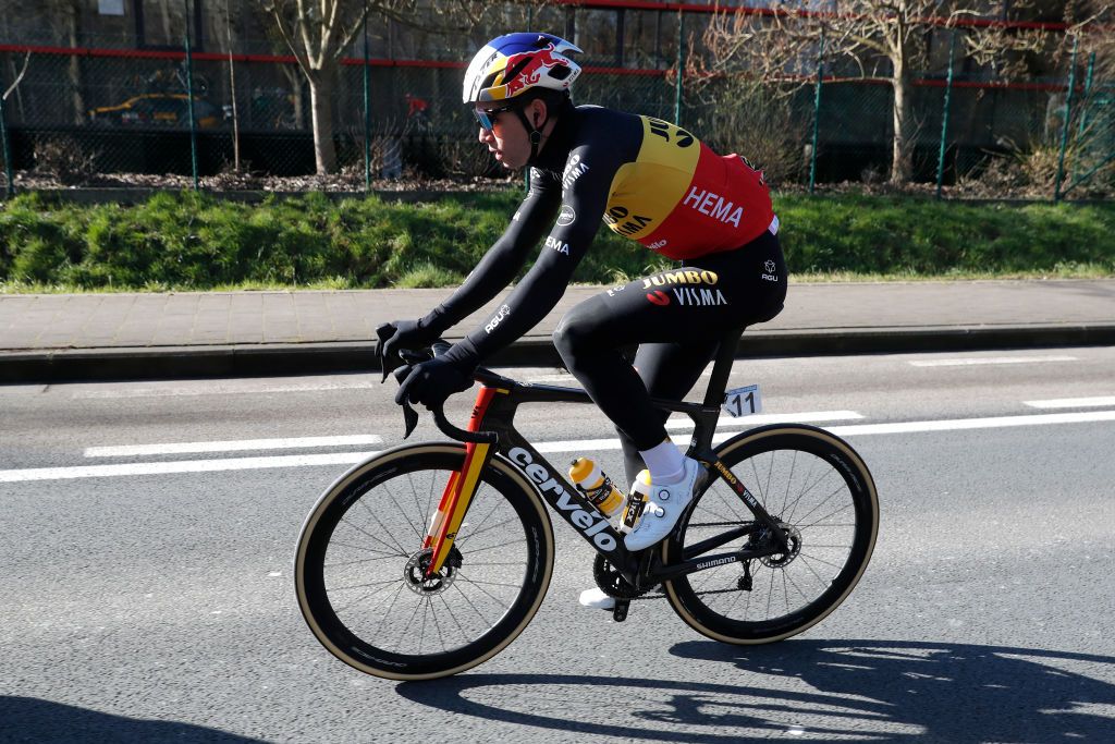 NINOVE BELGIUM FEBRUARY 26 Wout Van Aert of Belgium and Team Jumbo Visma competes during the 77th Omloop Het Nieuwsblad 2022 Mens Race a 2042km race from Ghent to Ninove OHN22 FlandersClassic WorldTour on February 26 2022 in Ninove Belgium Photo by Bas CzerwinskiGetty Images