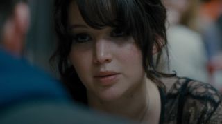 A close up of Jennifer Lawrence in Silver Linings Playbook talking.