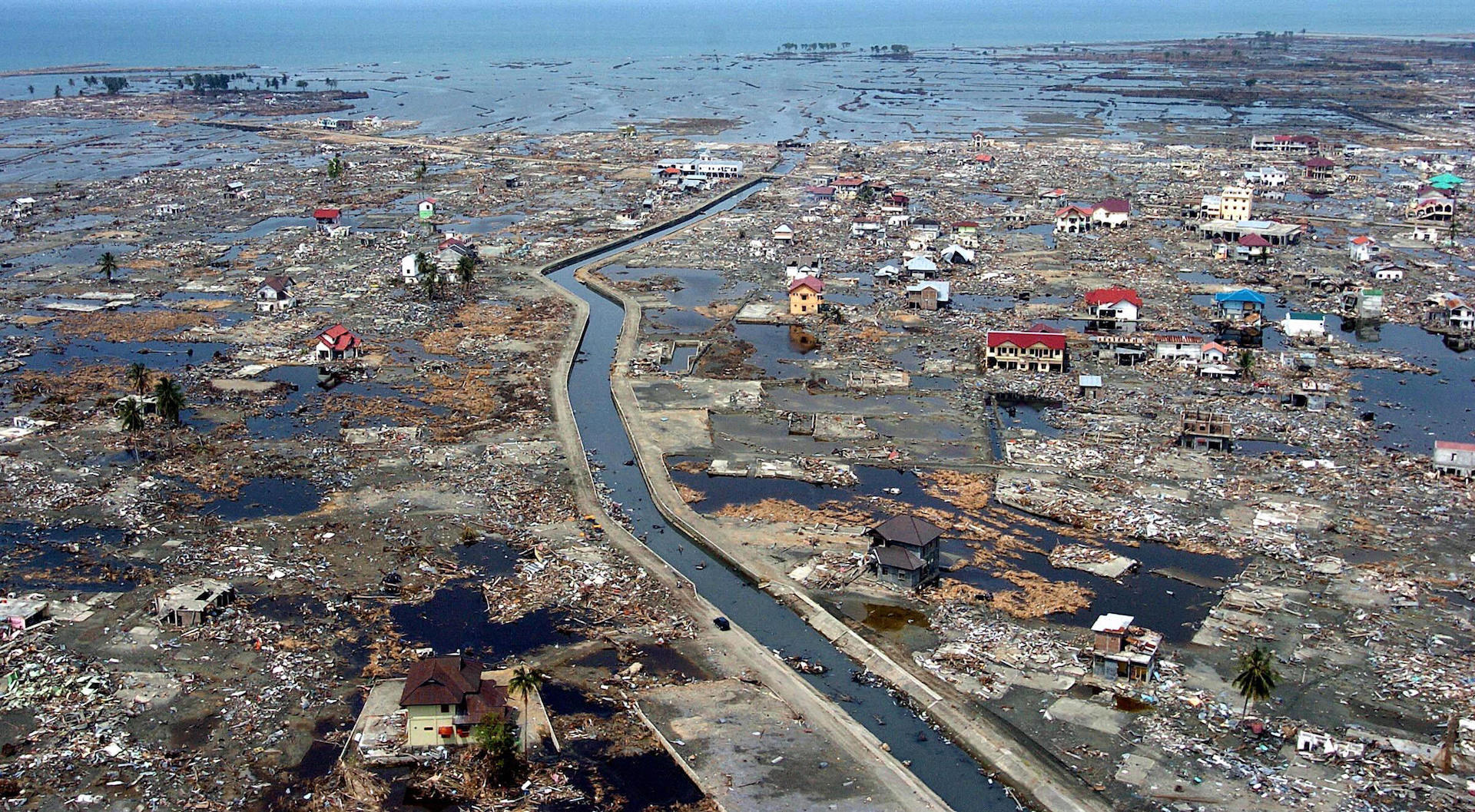 Aerial view of destruction caused by the 2004 tsunami that hit Indonesia.