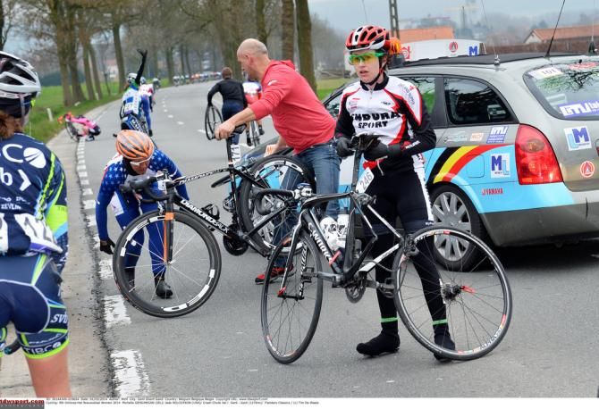 Michelle Geoghegan and Jade Wilcoxson (USA) pick themselves up with some assistance