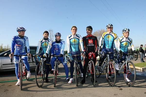 Members of the 2010 Astana team are about to set out on a ride during their Pisa, Italy training camp.