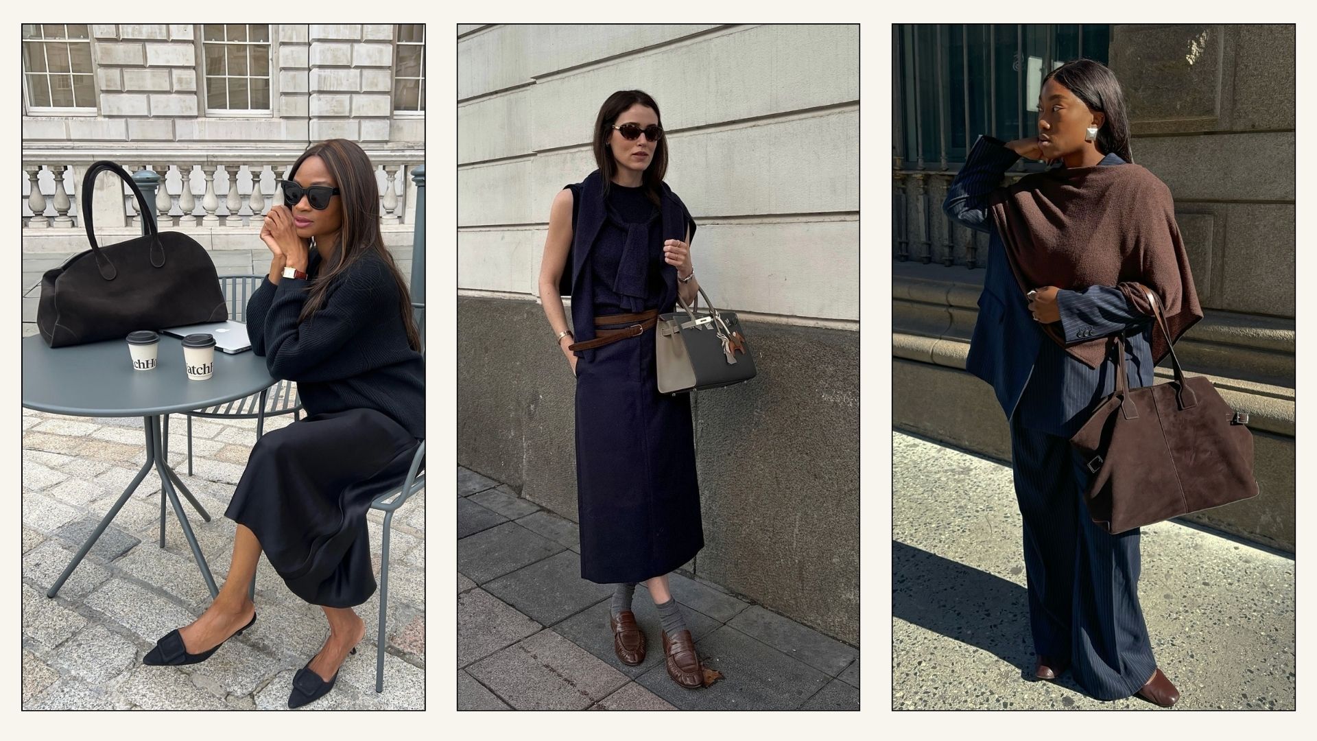 Collage of influencer wearing navy with chocolate brown.