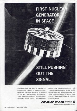Space engineering magazine ad makes note of Transit 4A's place in history.