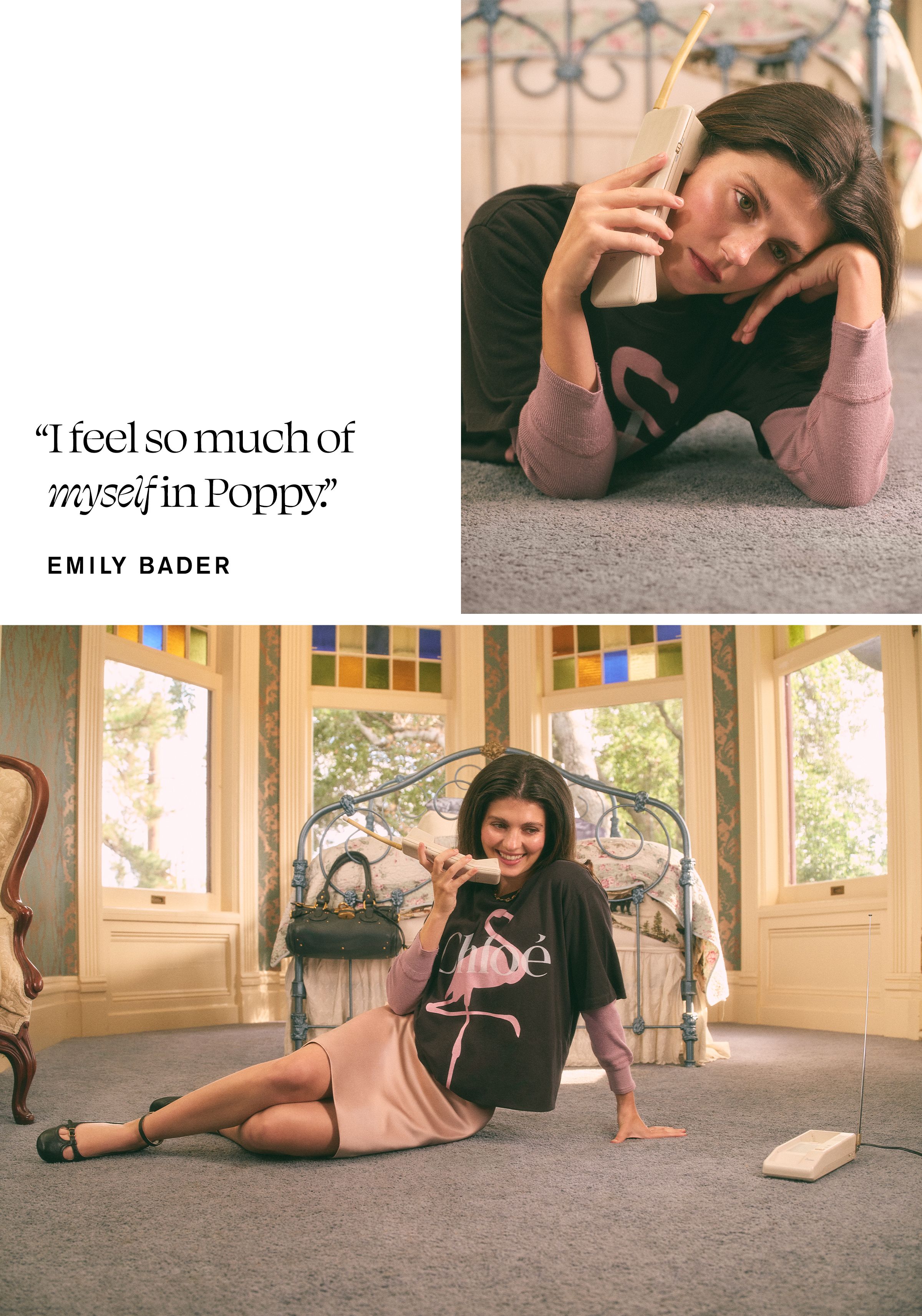 Emily Bader is photographed for Who What Wear's In Focus feature lying on the floor of a bedroom talking on the phone. She is wearing a Chloe t-shirt with pink flamingo on the front and a pink silk skirt. There is a pull quote in the top left corner that reads, "I feel so much of myself in Poppy."