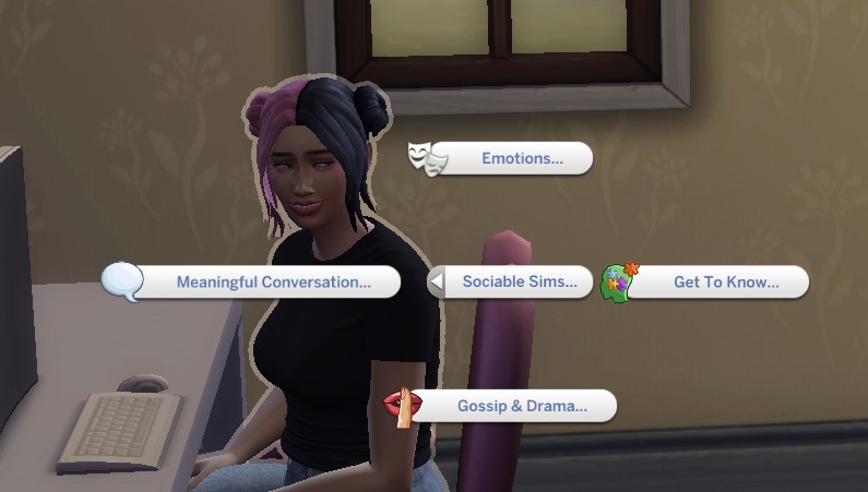 The Sociable Sims 4 mod that gives Sims way more interactions, this menu shows the pie UI with "Meaningful Conversation," "Get to Know," and "Gossip and Drama" added from Plumlace's mod.