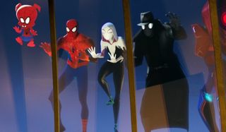 Spider-Man: Into The Spider-Verse Spider People looking in on a charity dinner through a skylight