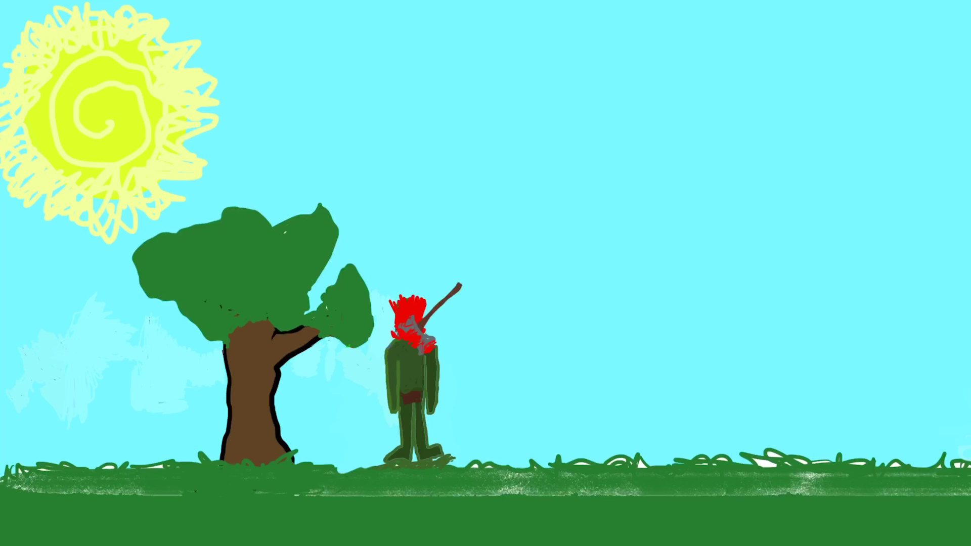 One of Dan Reynolds' early MS Paint sketches for Last Flag, showing a crudely drawn man's head cleaved by a flying axe.